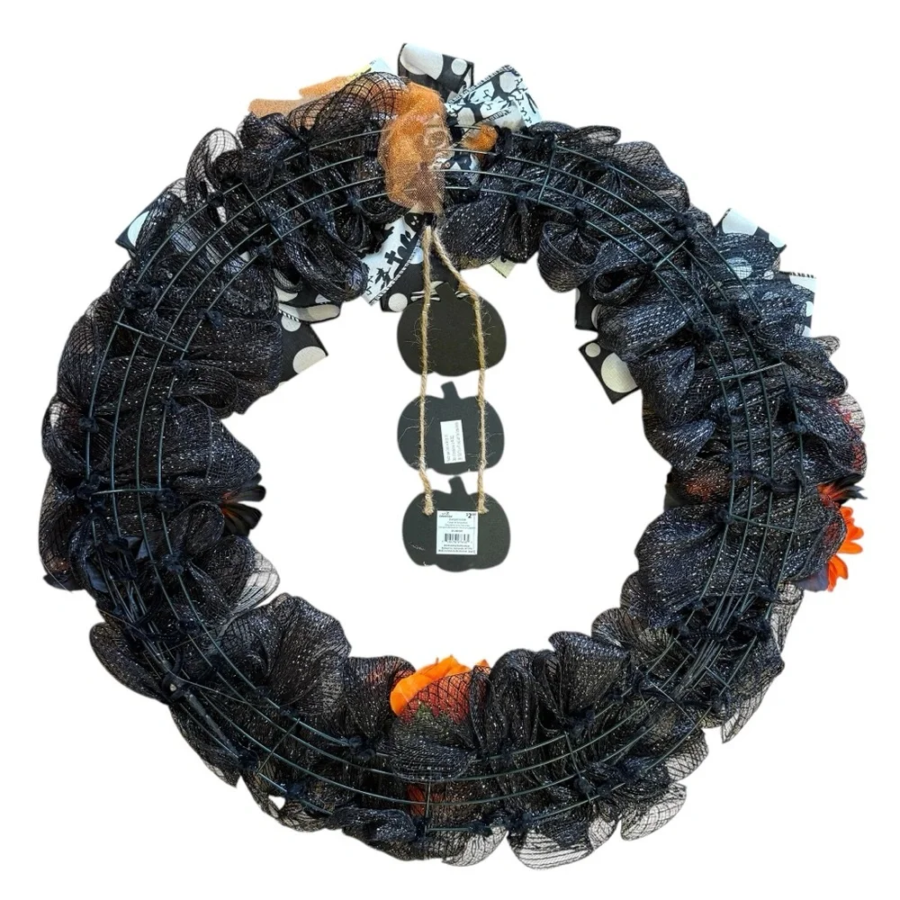 Black Glitter Mesh Halloween Wreath with Orange Flowers Haunted House Ribbon 25